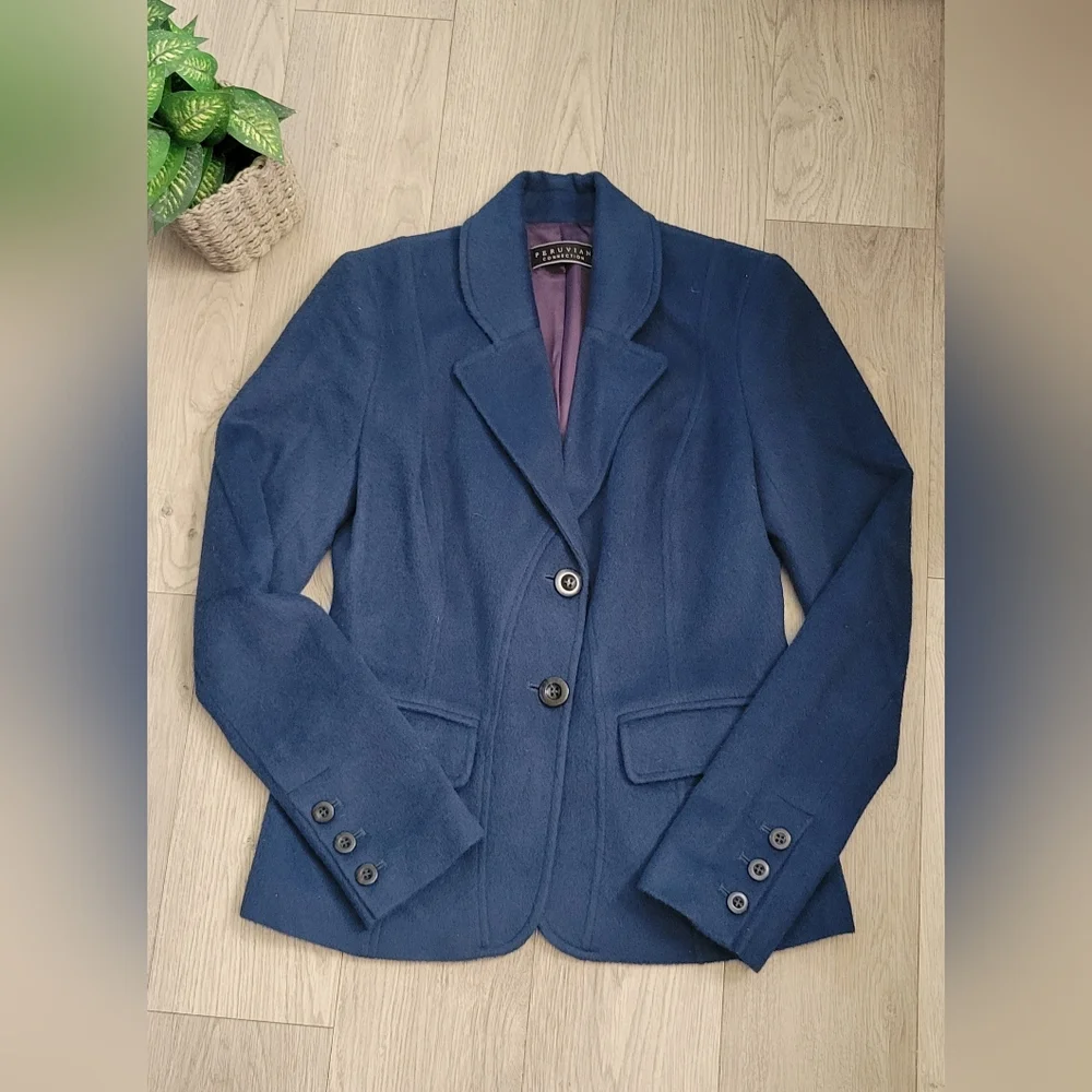 Peruvian Connection Baby Alpaca &  Wool Blend Navy Blue & Purple Blazer, Women 4 - Picture 2 of 16